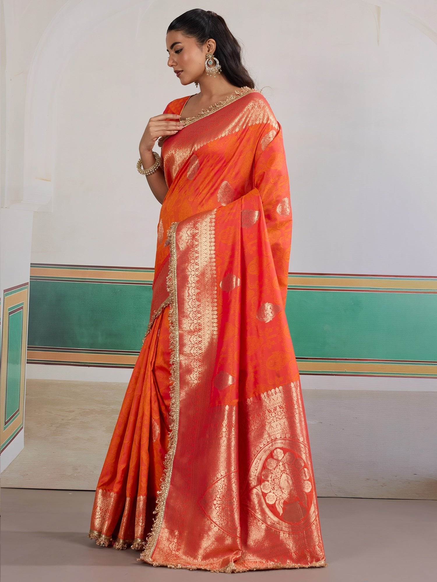 Satin Silk Saree in Orange-Red with Gold Zari Weave - Ressa