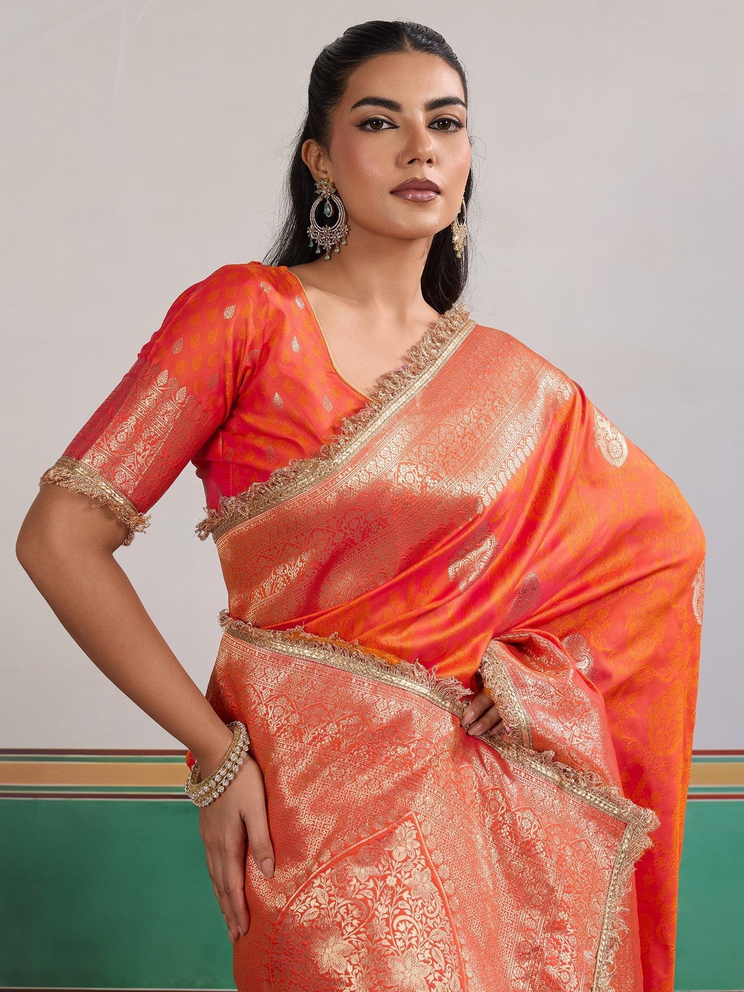 Satin Silk Saree in Orange-Red with Gold Zari Weave - Ressa