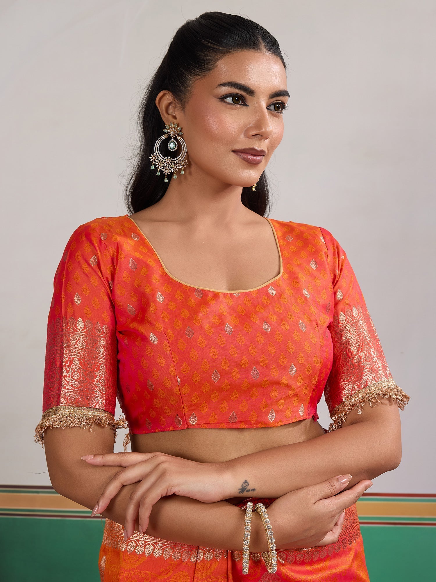 Satin Silk Saree in Orange-Red with Gold Zari Weave - Ressa