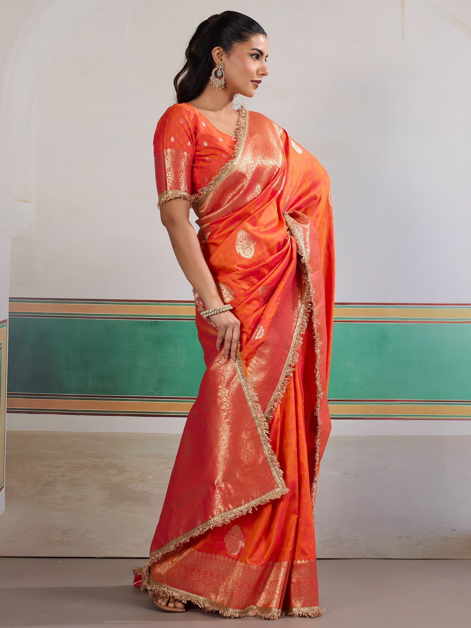 Satin Silk Saree in Orange-Red with Gold Zari Weave - Ressa