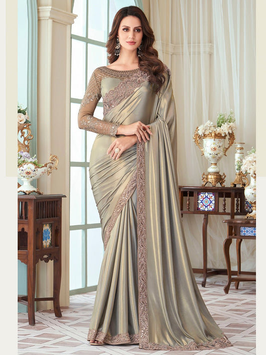 Satin Silver Emblished Saree - Ressa