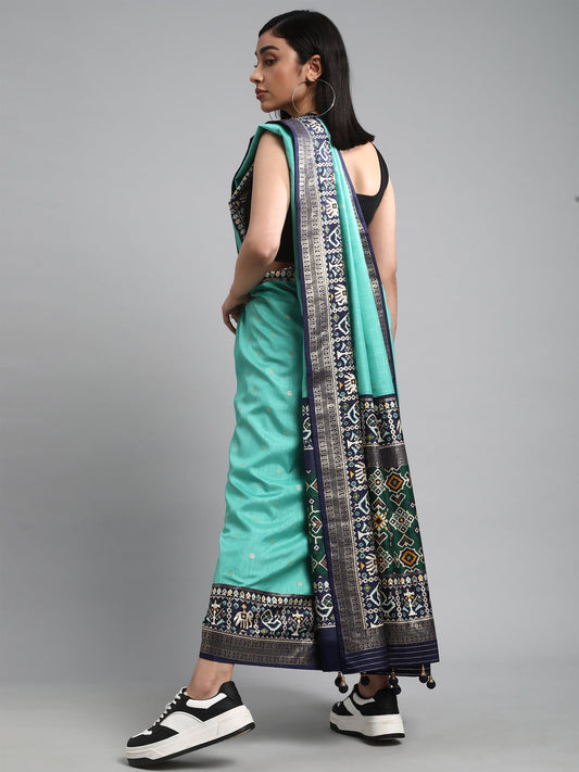 Sea Green and Black Silk Blend Saree - Ressa