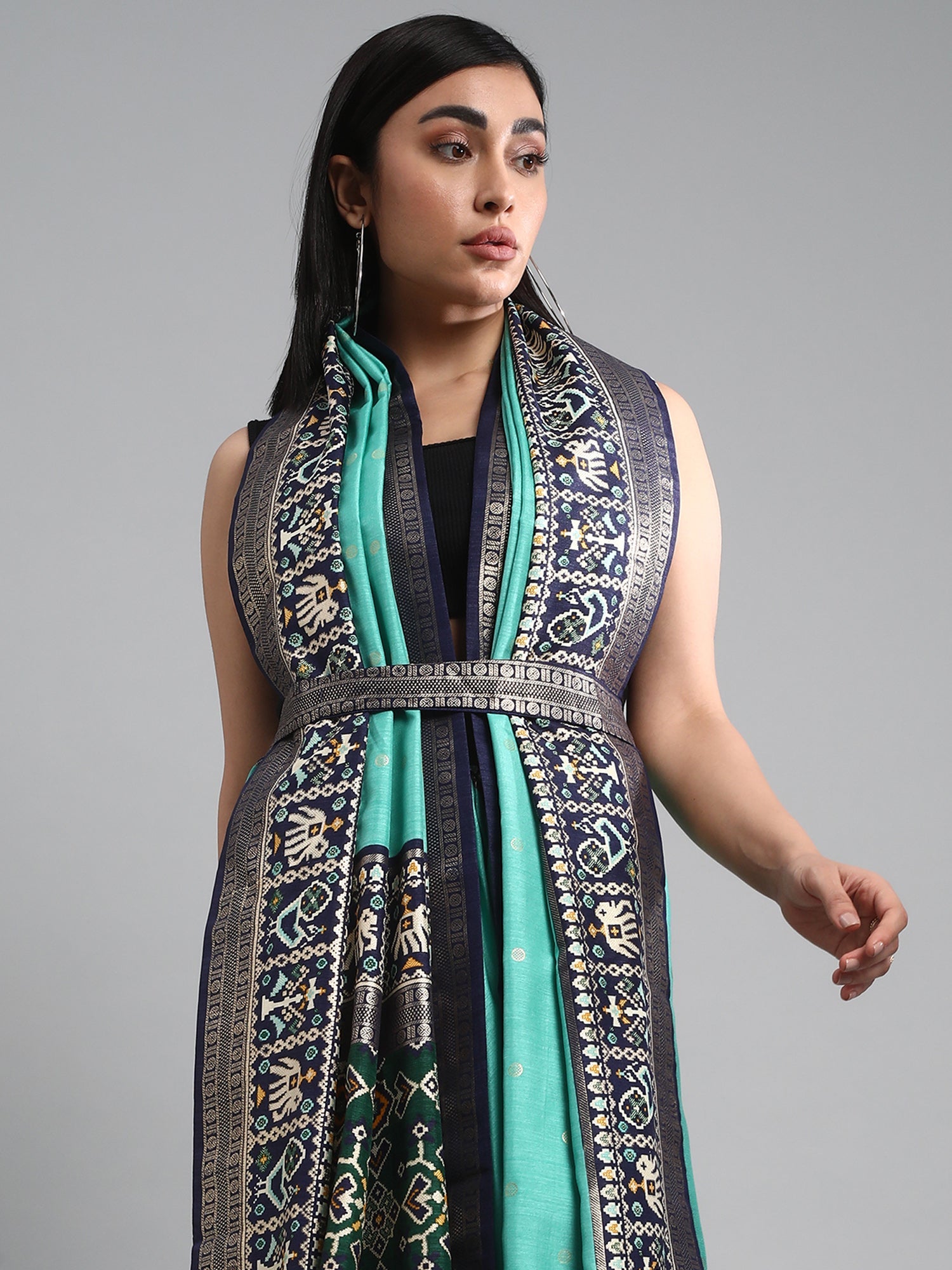 Sea Green and Black Silk Blend Saree - Ressa