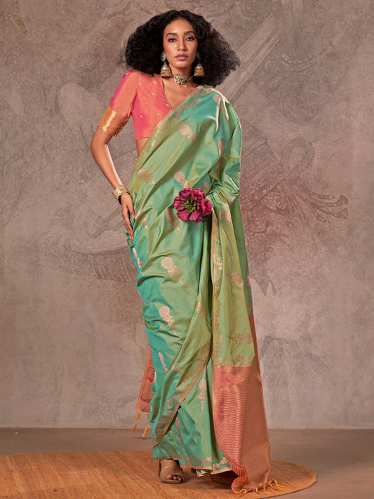 Sea Green Banarasi Satin Silk Zari Woven Saree - Ressa