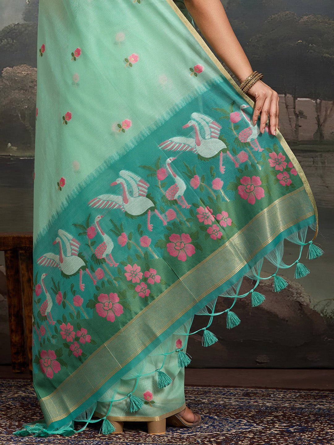Sea Green Cotton Woven Printed Saree - Ressa