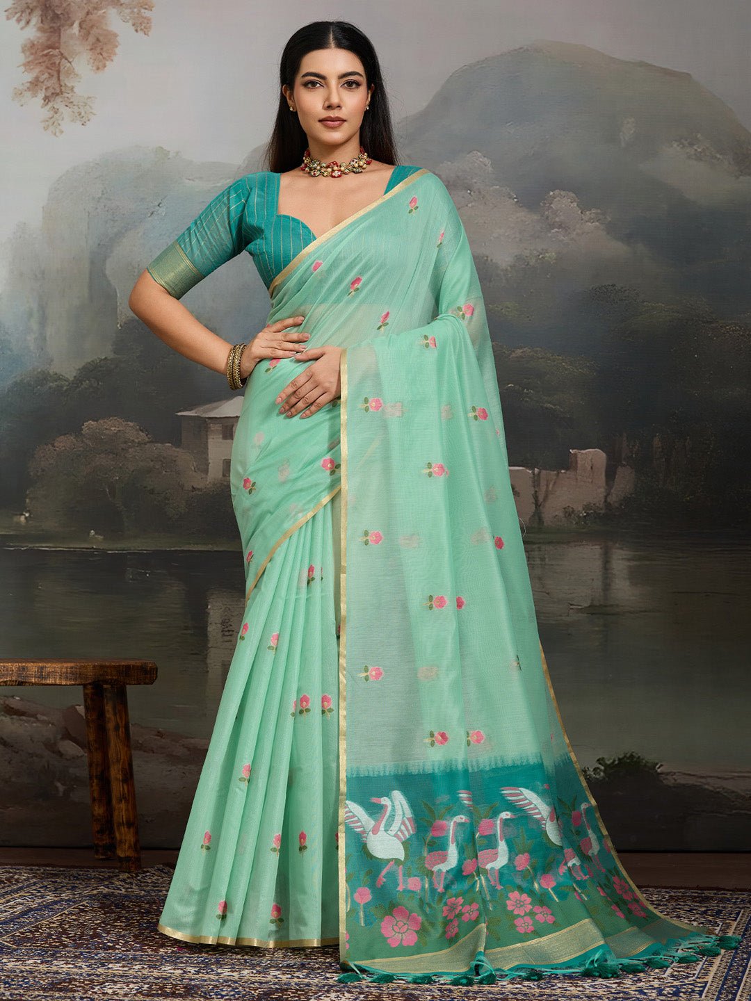Sea Green Cotton Woven Printed Saree - Ressa