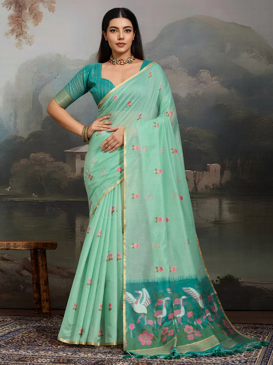Sea Green Cotton Woven Printed Saree - Ressa