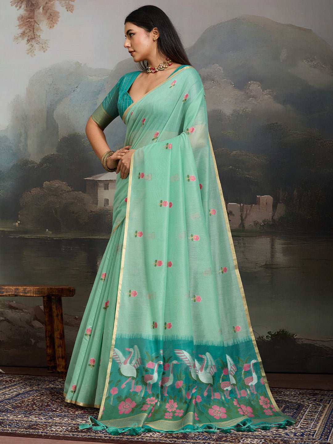 Sea Green Cotton Woven Printed Saree - Ressa