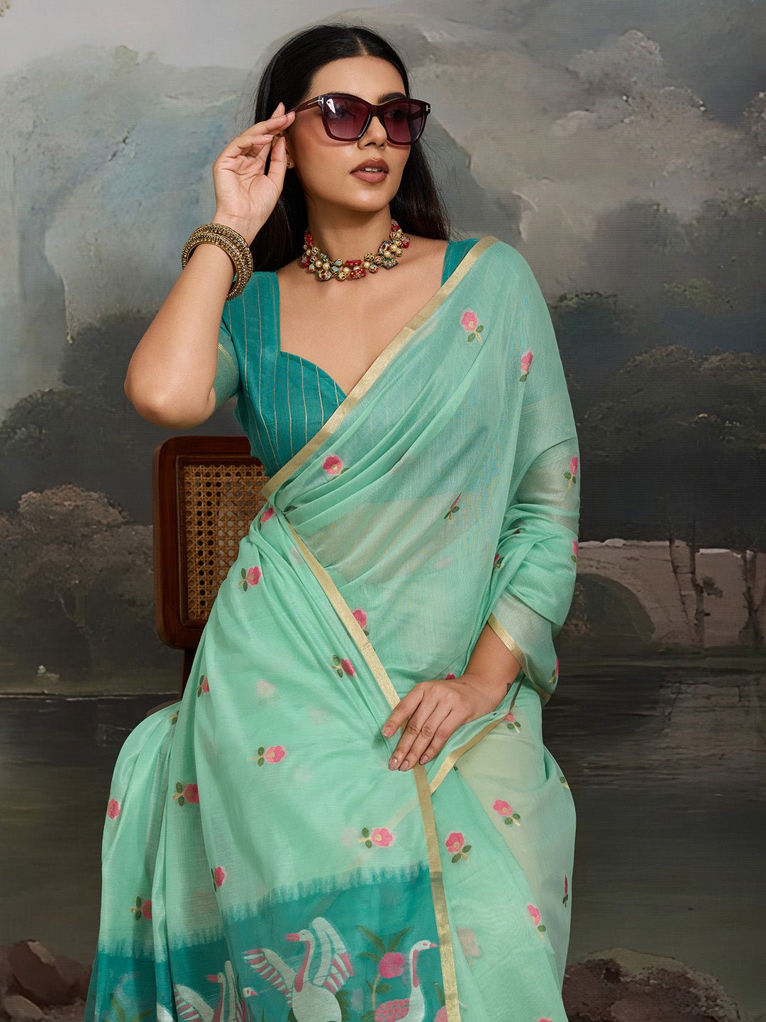 Sea Green Cotton Woven Printed Saree - Ressa