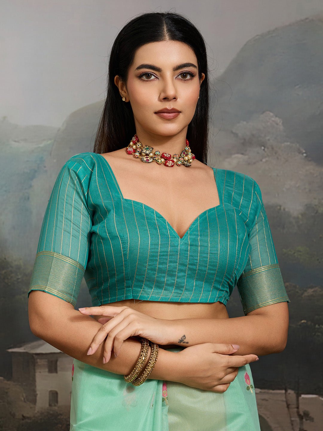 Sea Green Cotton Woven Printed Saree - Ressa
