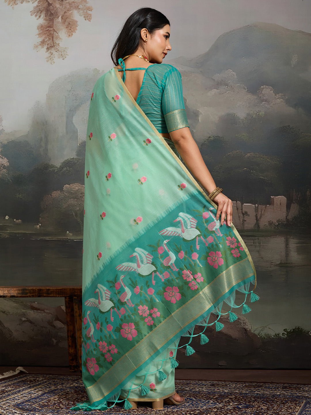 Sea Green Cotton Woven Printed Saree - Ressa