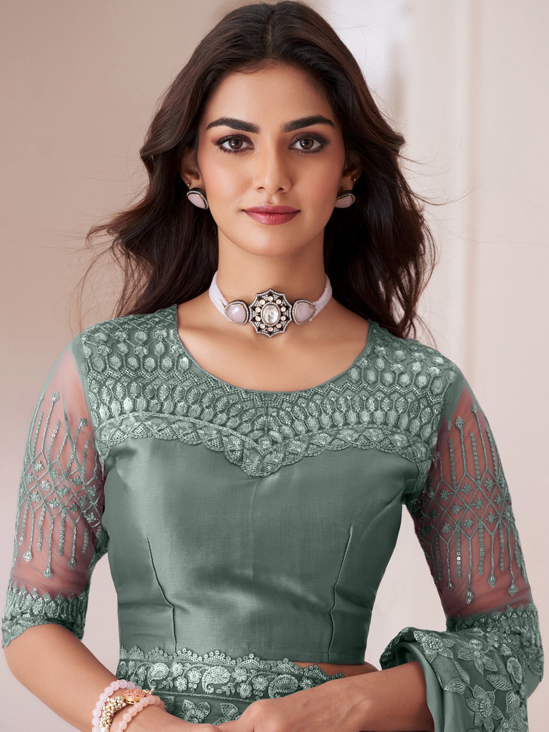 Sea Green Embellished Party wear Saree - Ressa