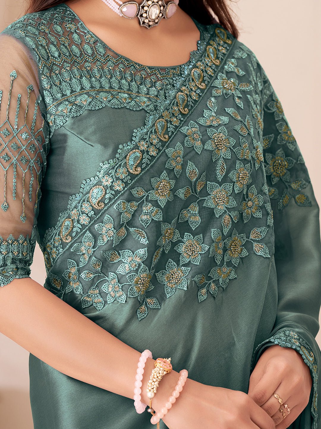 Sea Green Embellished Party wear Saree - Ressa