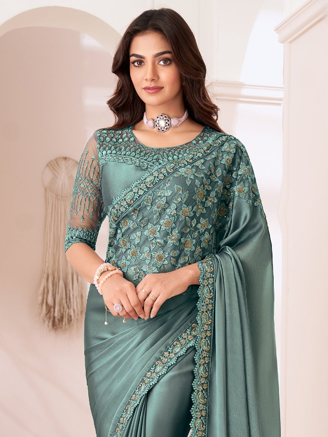 Sea Green Embellished Party wear Saree - Ressa