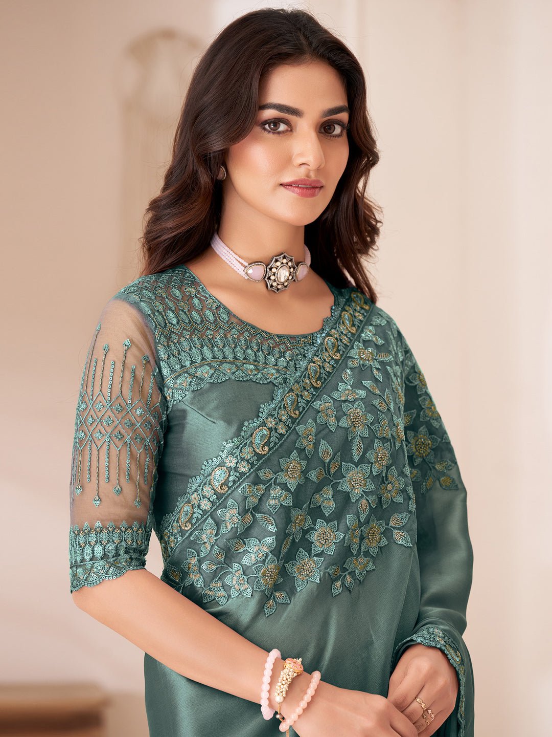 Sea Green Embellished Party wear Saree - Ressa