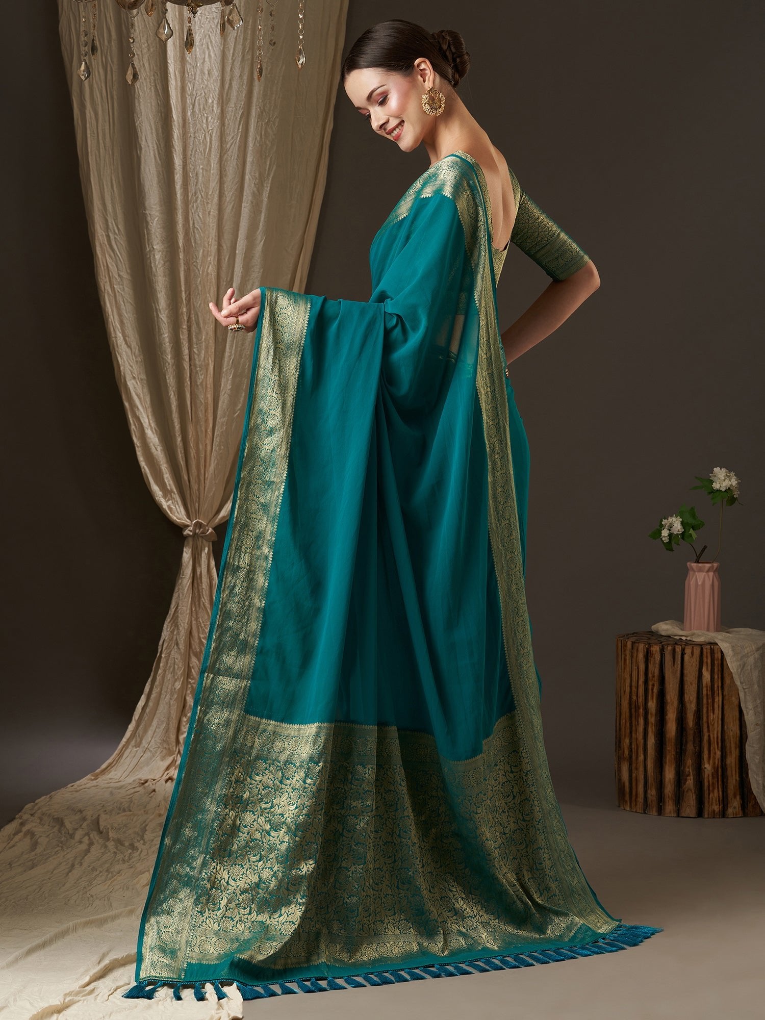 Sea Green Floral Georgette Saree - Ressa
