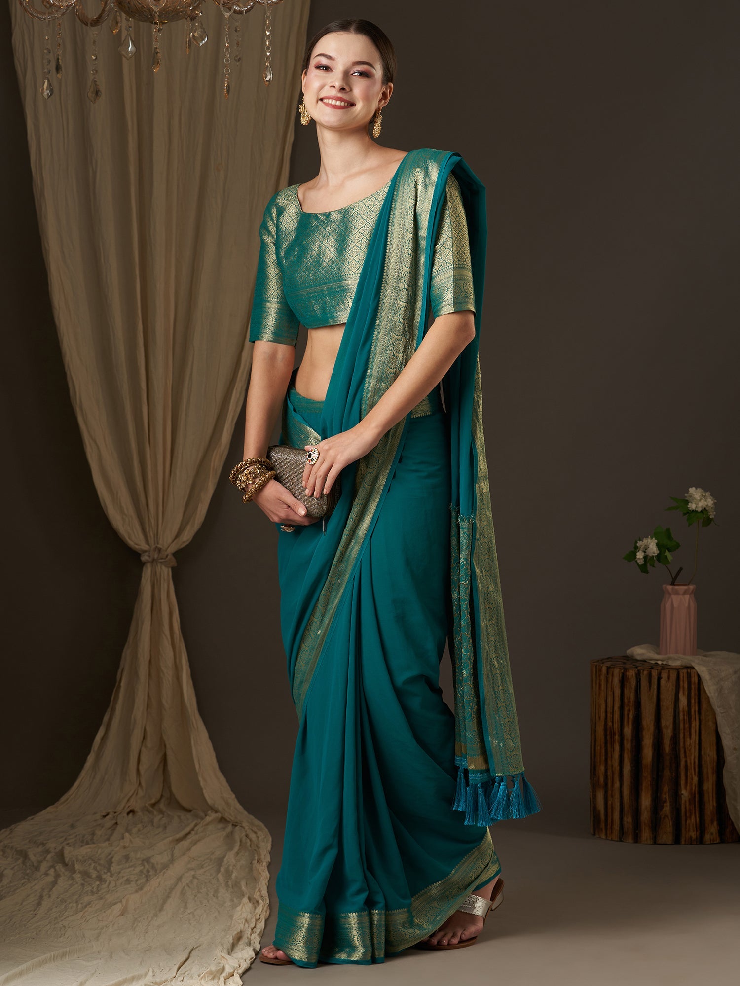 Sea Green Floral Georgette Saree - Ressa