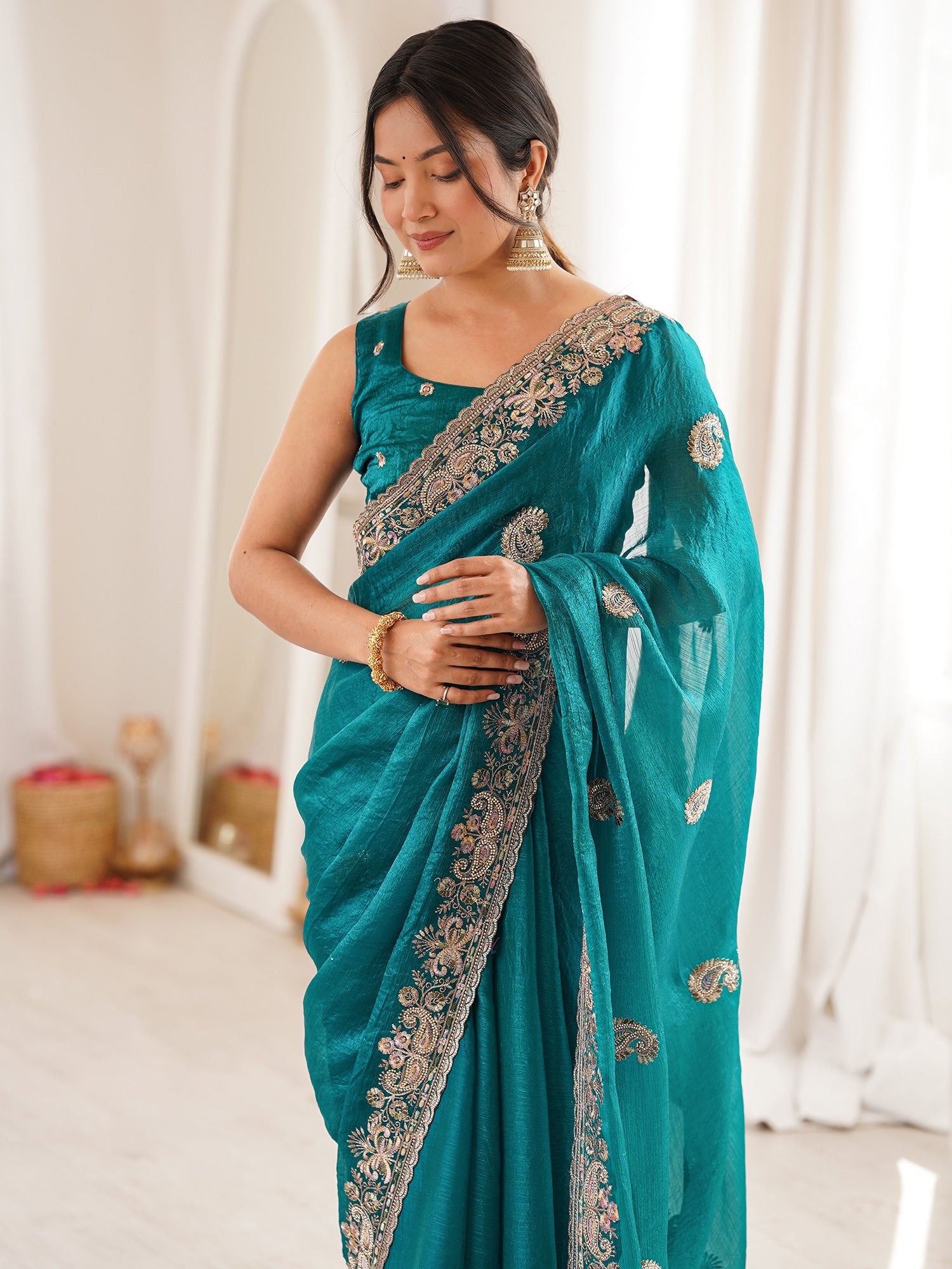 Sea Green Georgette Silk Blend Saree - Ressa