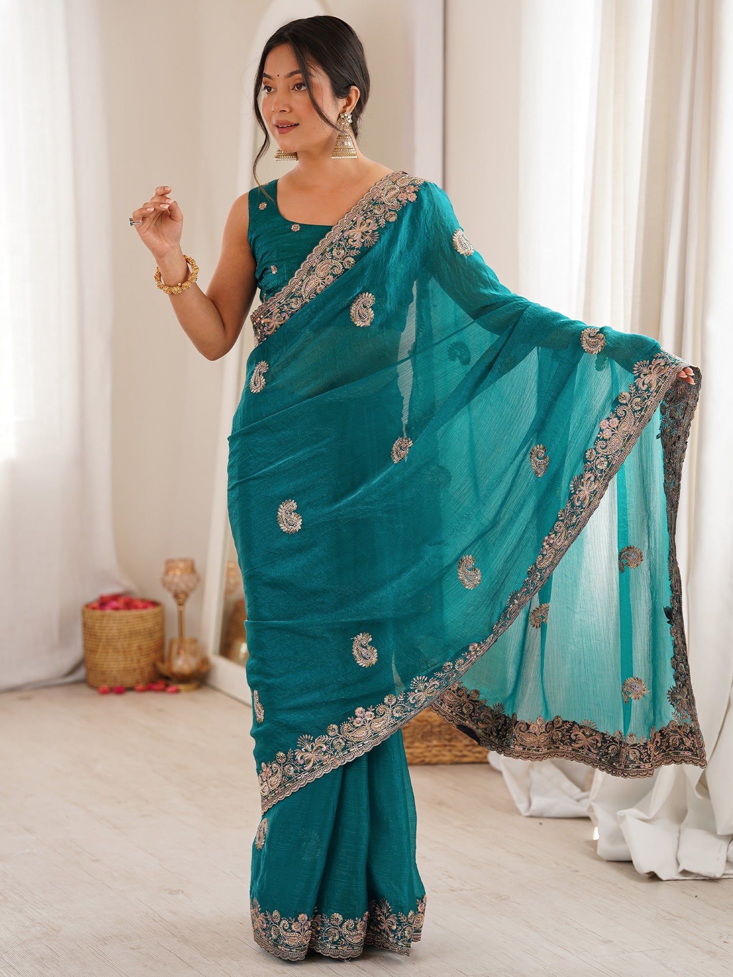 Sea Green Georgette Silk Blend Saree - Ressa