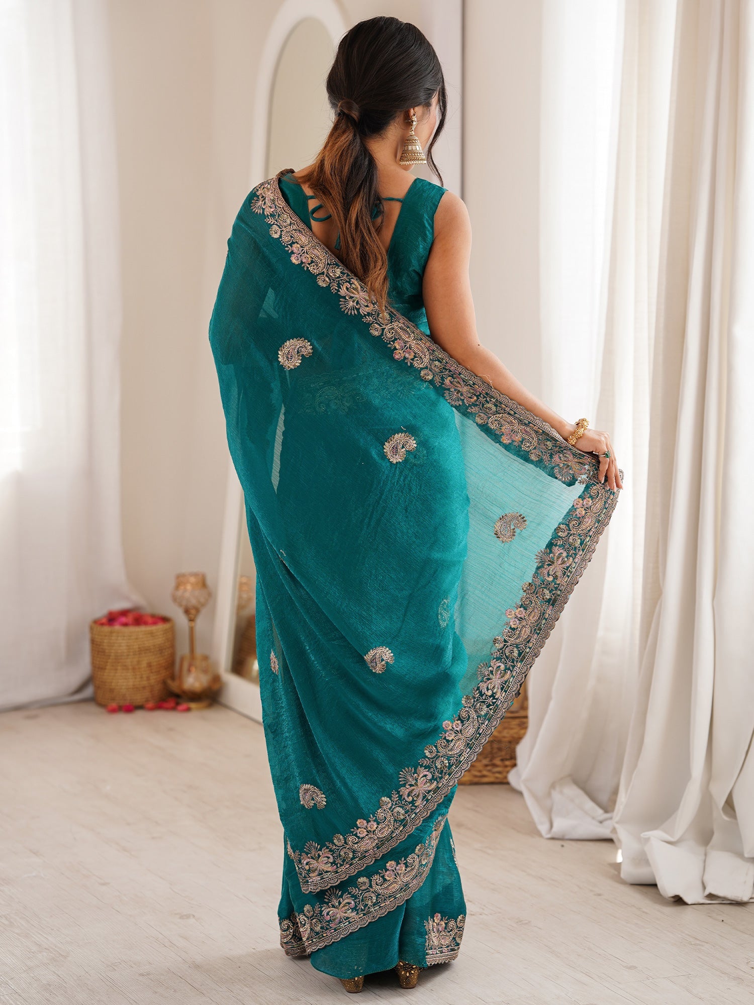 Sea Green Georgette Silk Blend Saree - Ressa