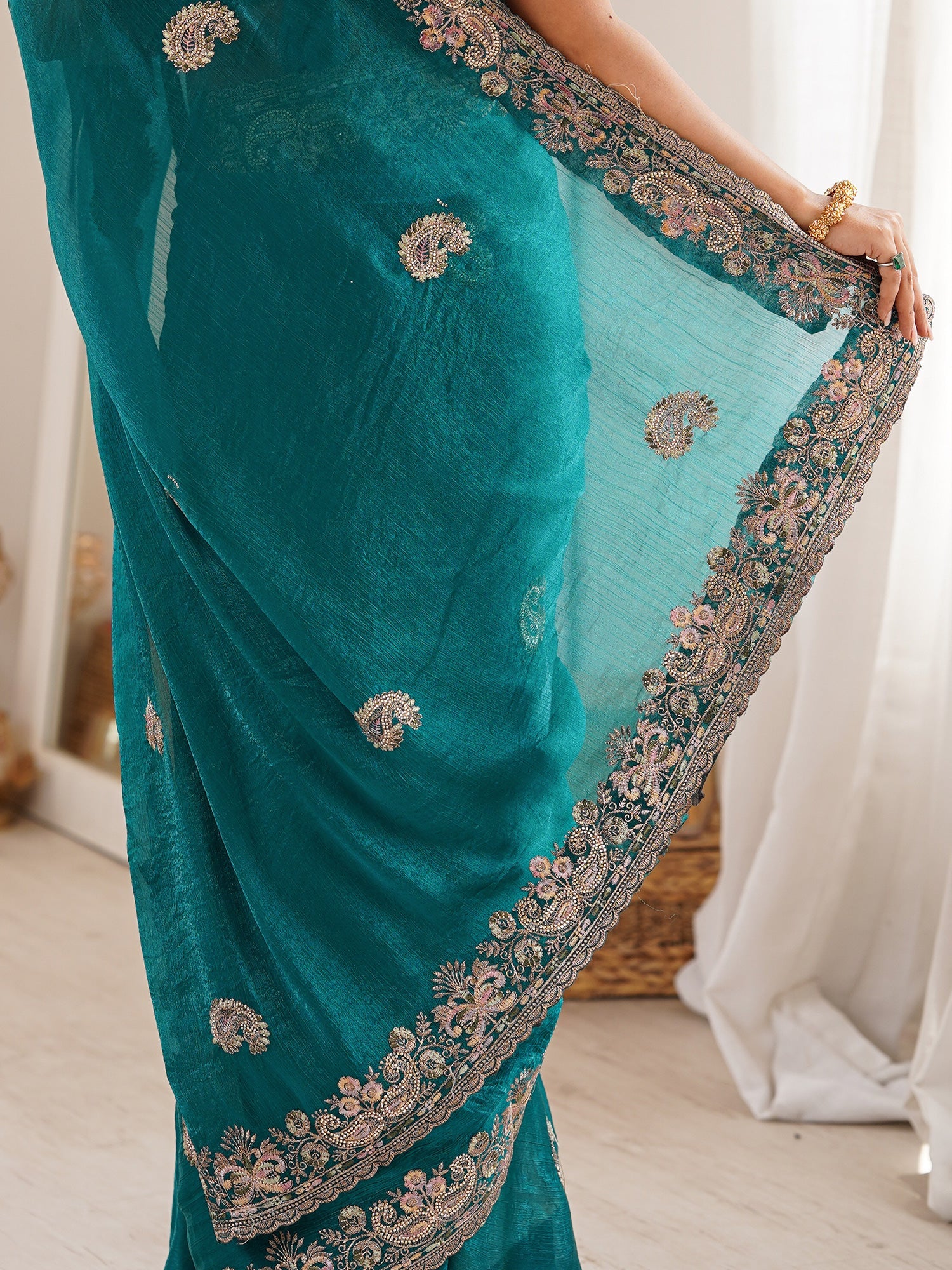 Sea Green Georgette Silk Blend Saree - Ressa