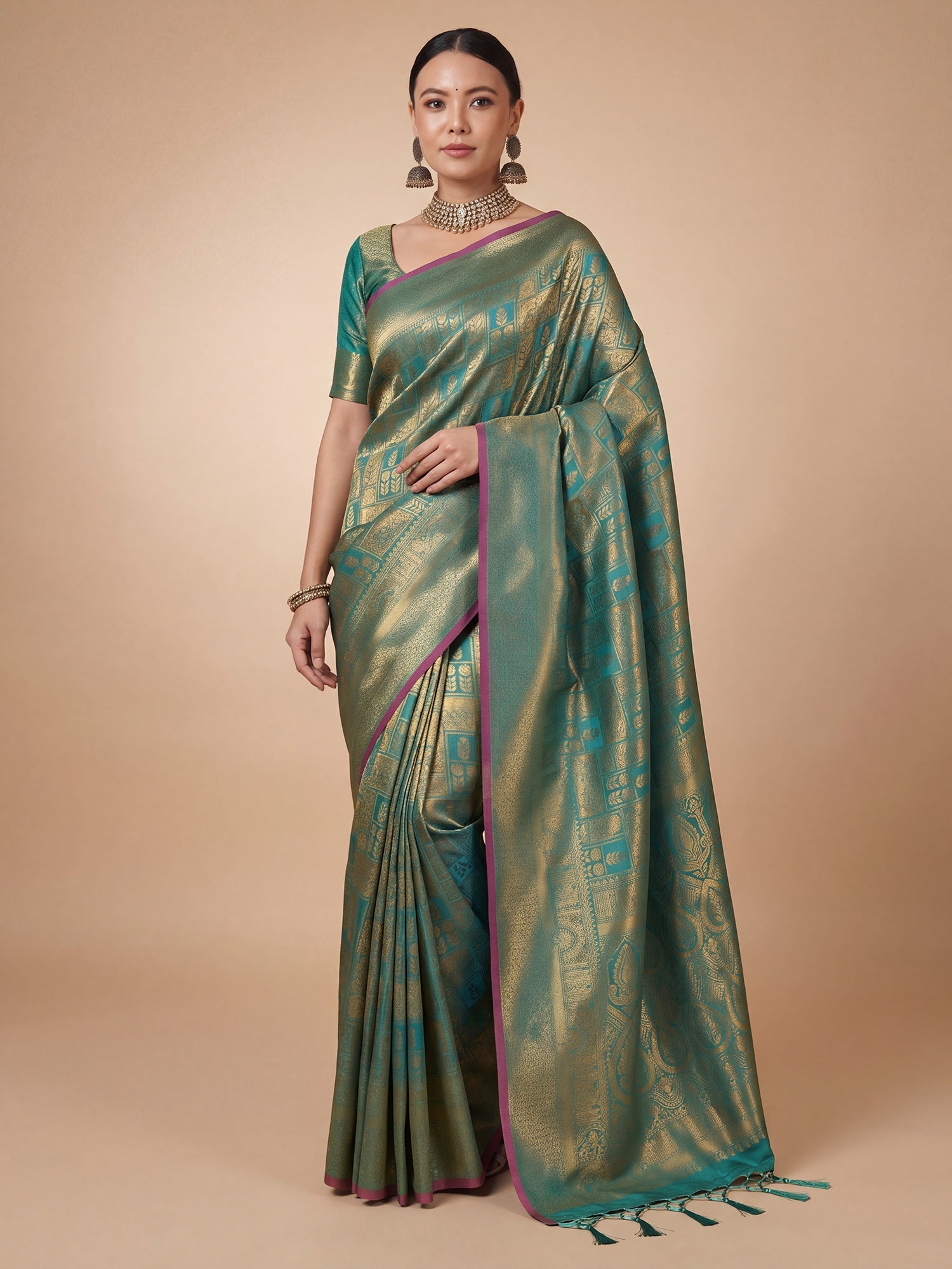 Sea Green Gold Kanjivaram Silk Saree - Ressa