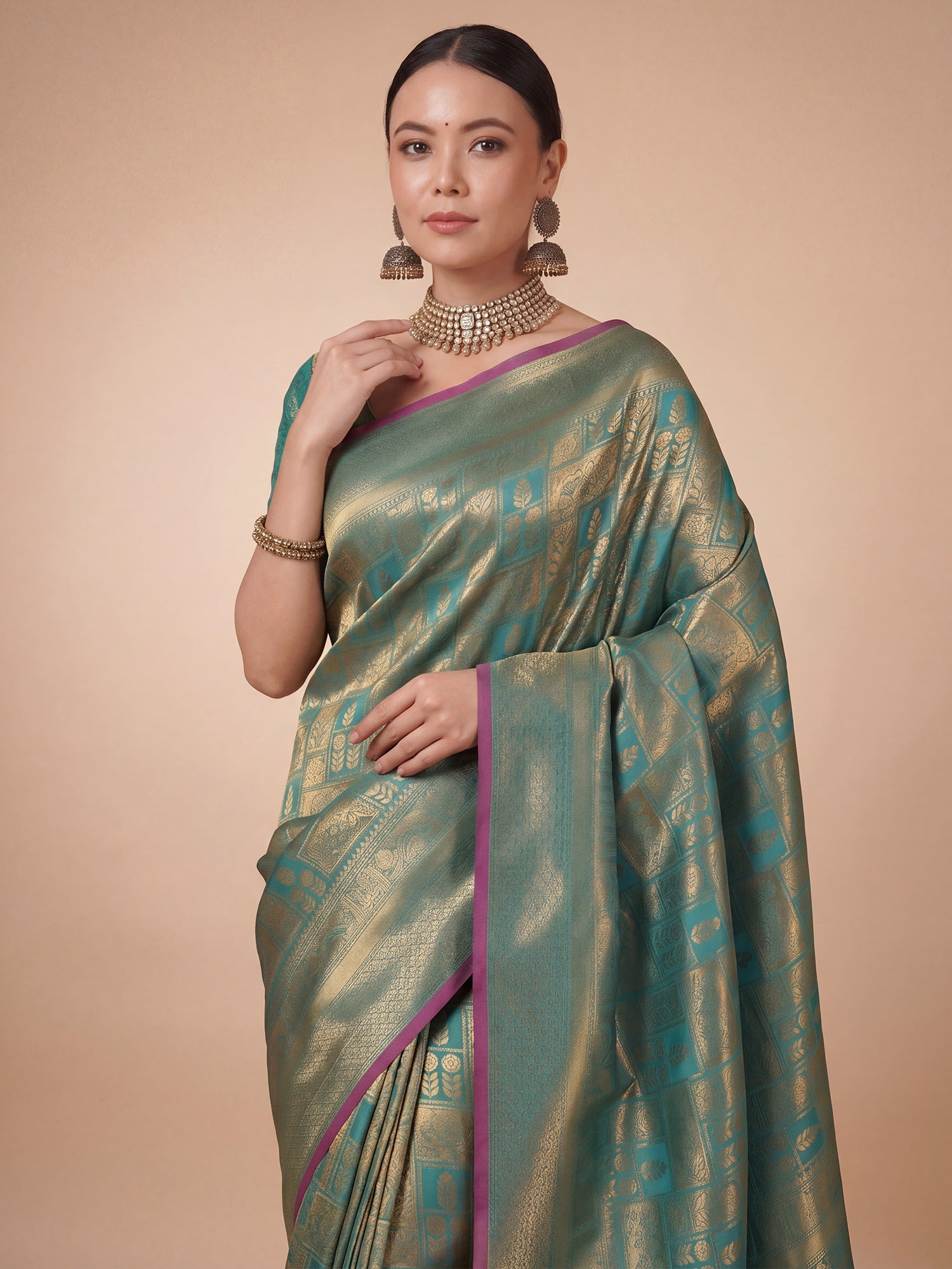 Sea Green Gold Kanjivaram Silk Saree - Ressa