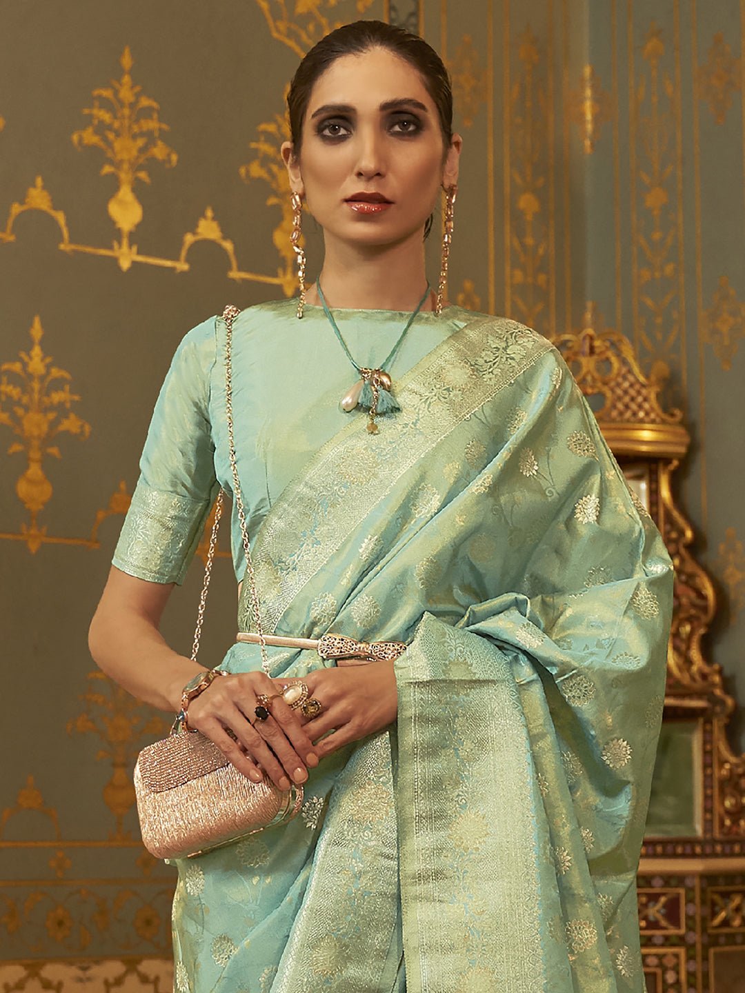Sea Green Kanjivaram Woven Silk Blend Silver Zari Work Blouse Saree - Ressa