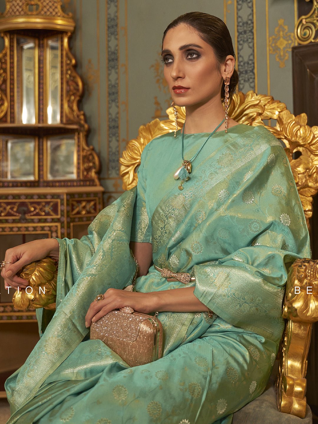 Sea Green Kanjivaram Woven Silk Blend Silver Zari Work Blouse Saree - Ressa