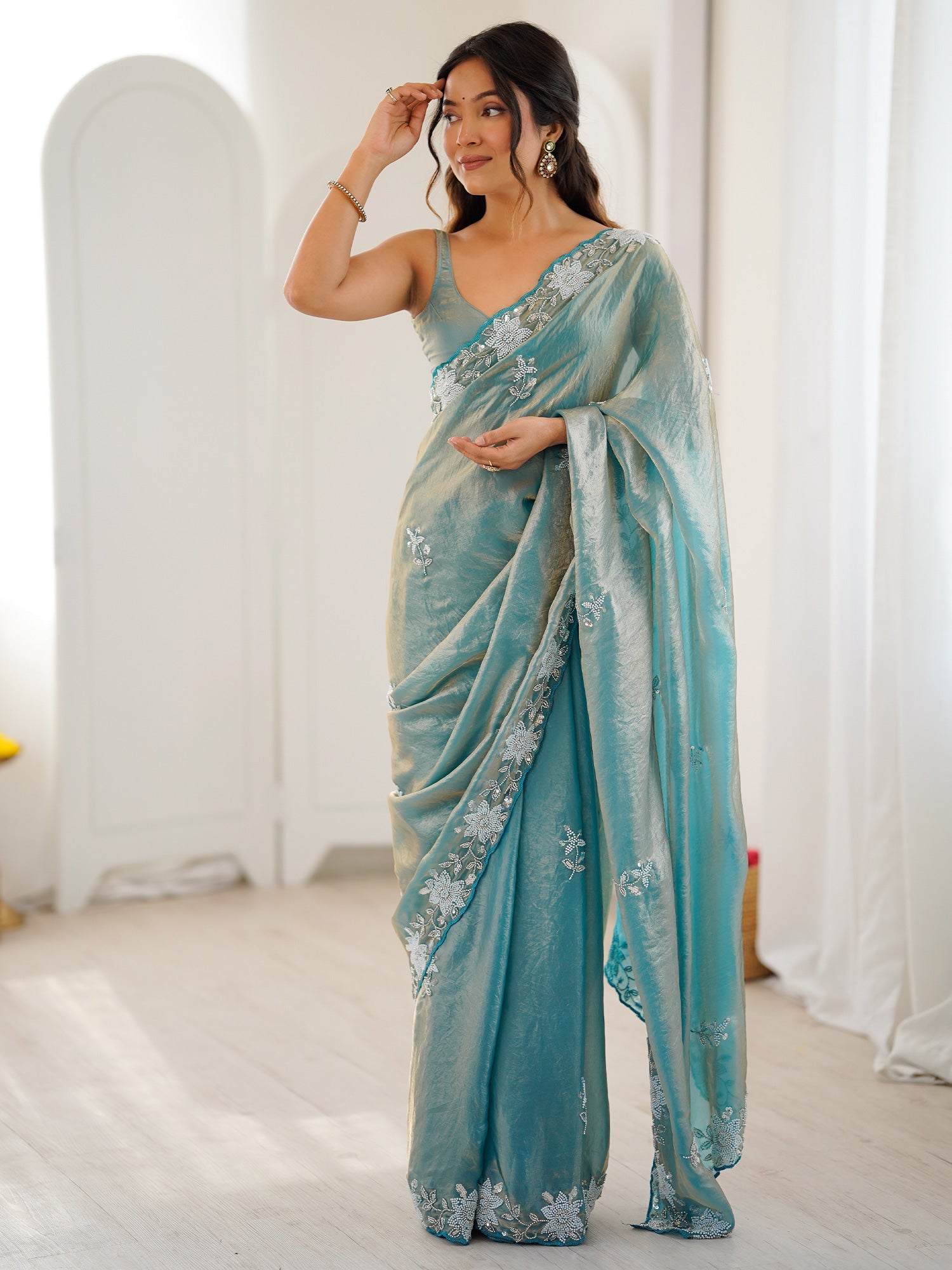 Sea Green Metallic Tissue Silk Saree - Ressa