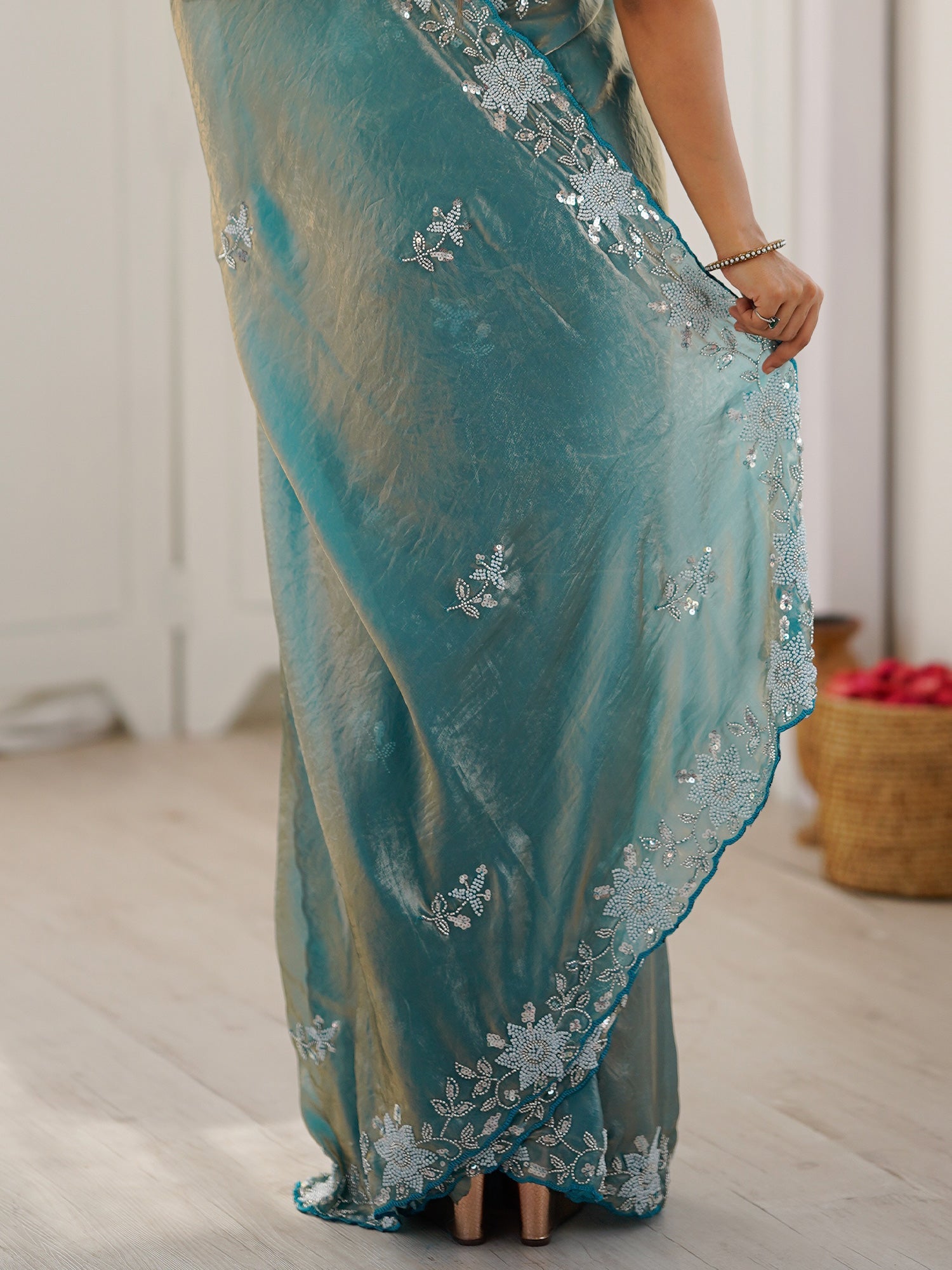 Sea Green Metallic Tissue Silk Saree - Ressa