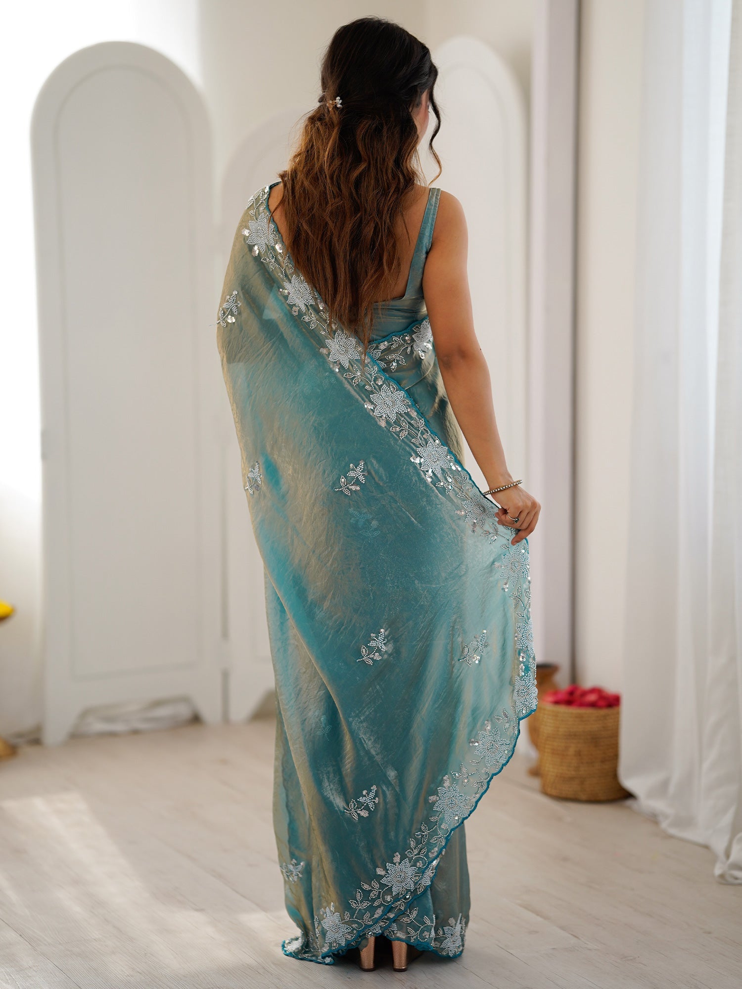 Sea Green Metallic Tissue Silk Saree - Ressa