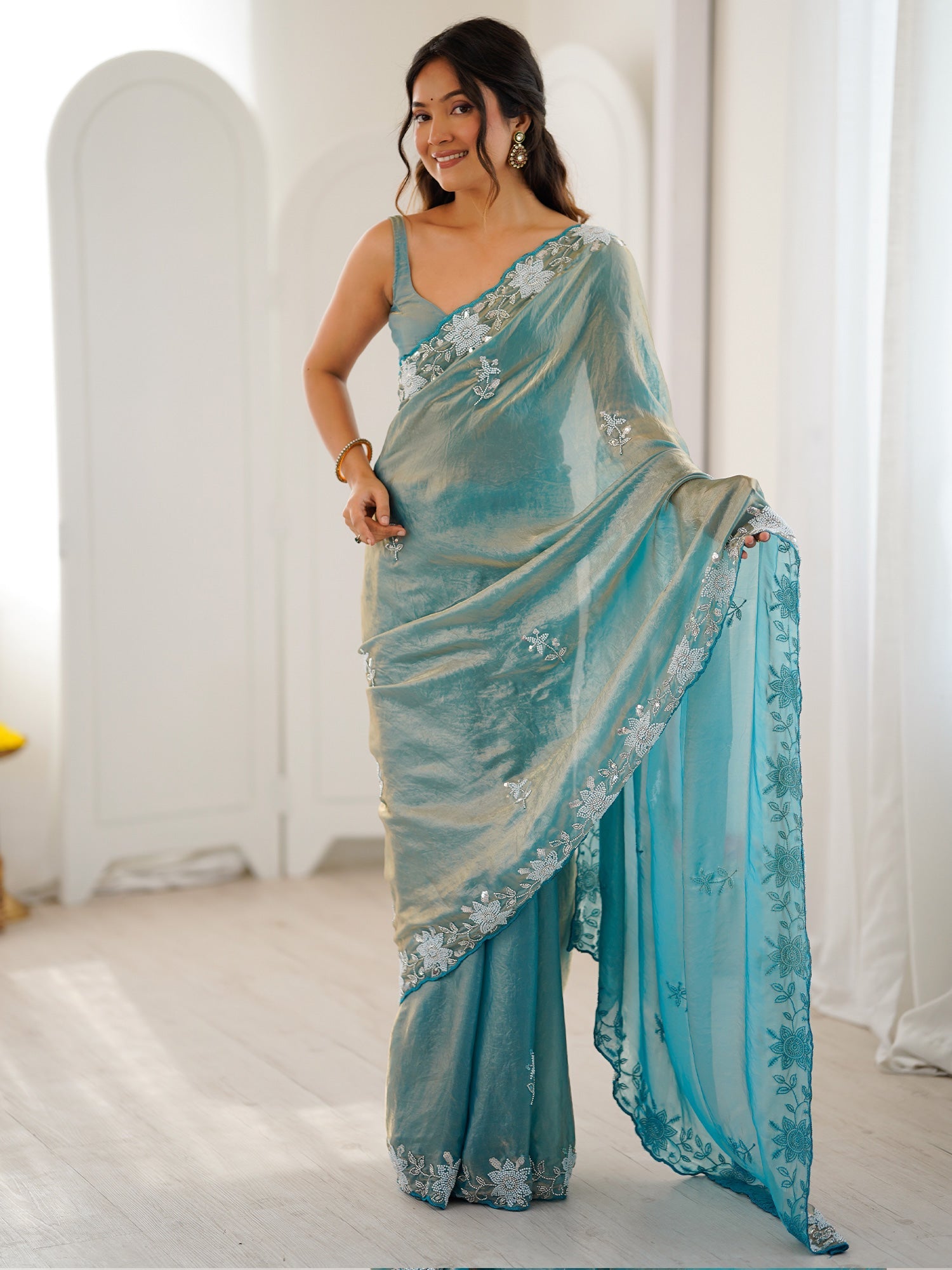 Sea Green Metallic Tissue Silk Saree - Ressa
