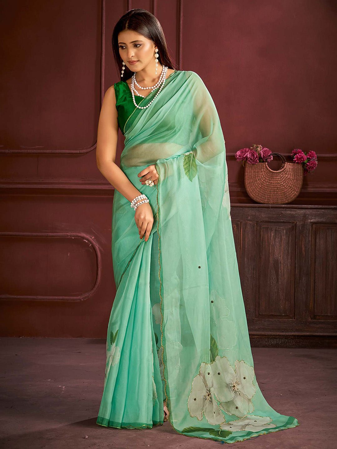 Sea Green Organza Floral Hand-Paint Sequin Highlights Blouse Saree - Ressa