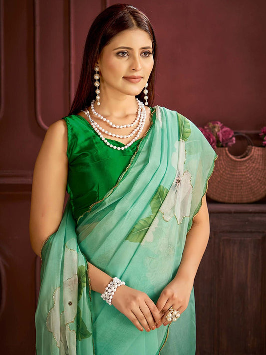 Sea Green Organza Floral Hand-Paint Sequin Highlights Blouse Saree - Ressa
