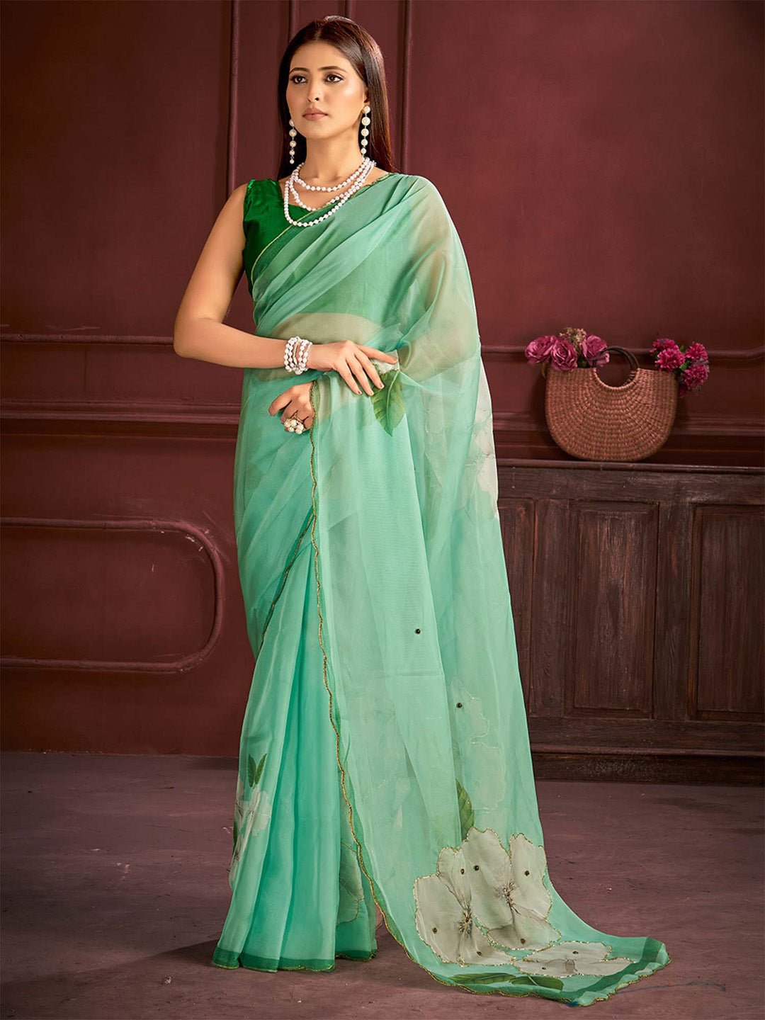Sea Green Organza Floral Hand-Paint Sequin Highlights Blouse Saree - Ressa
