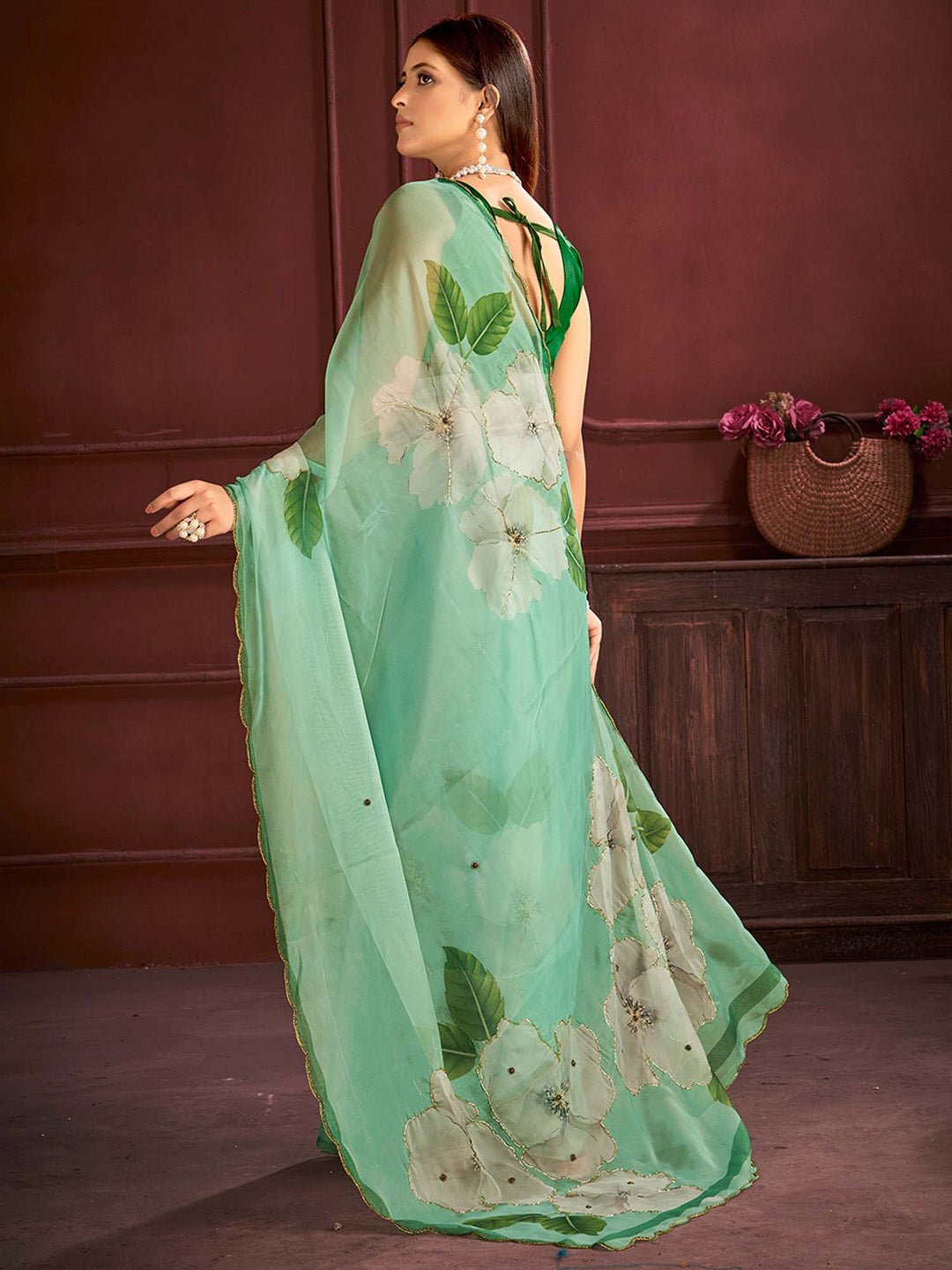 Sea Green Organza Floral Hand-Paint Sequin Highlights Blouse Saree - Ressa