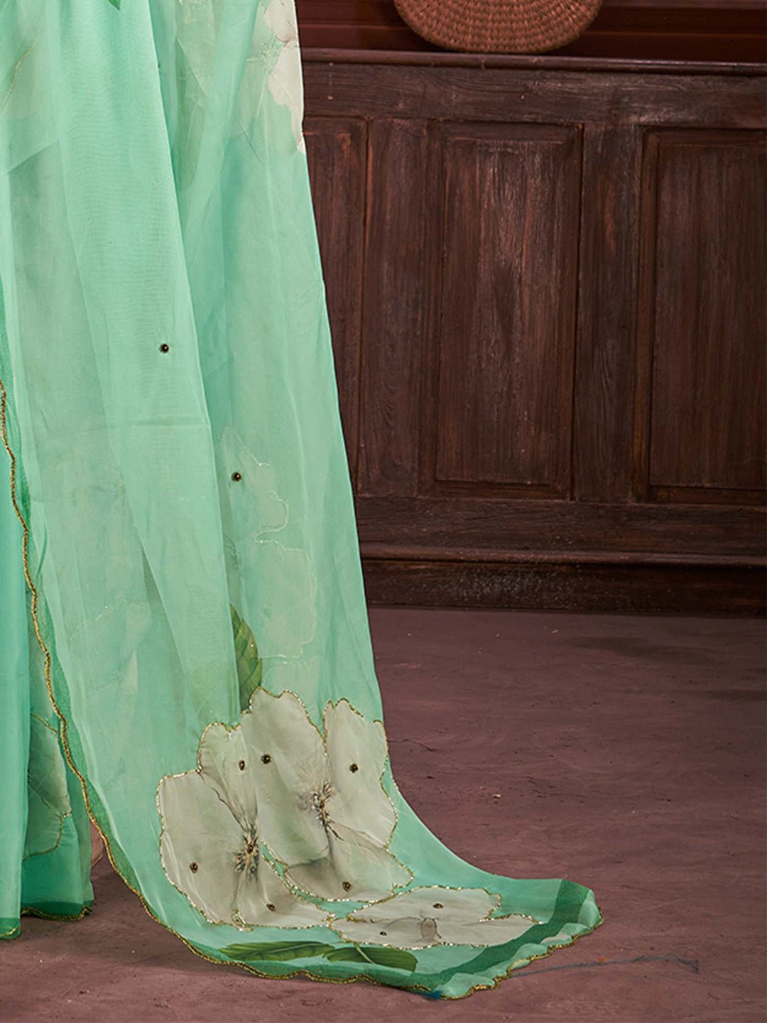 Sea Green Organza Floral Hand-Paint Sequin Highlights Blouse Saree - Ressa