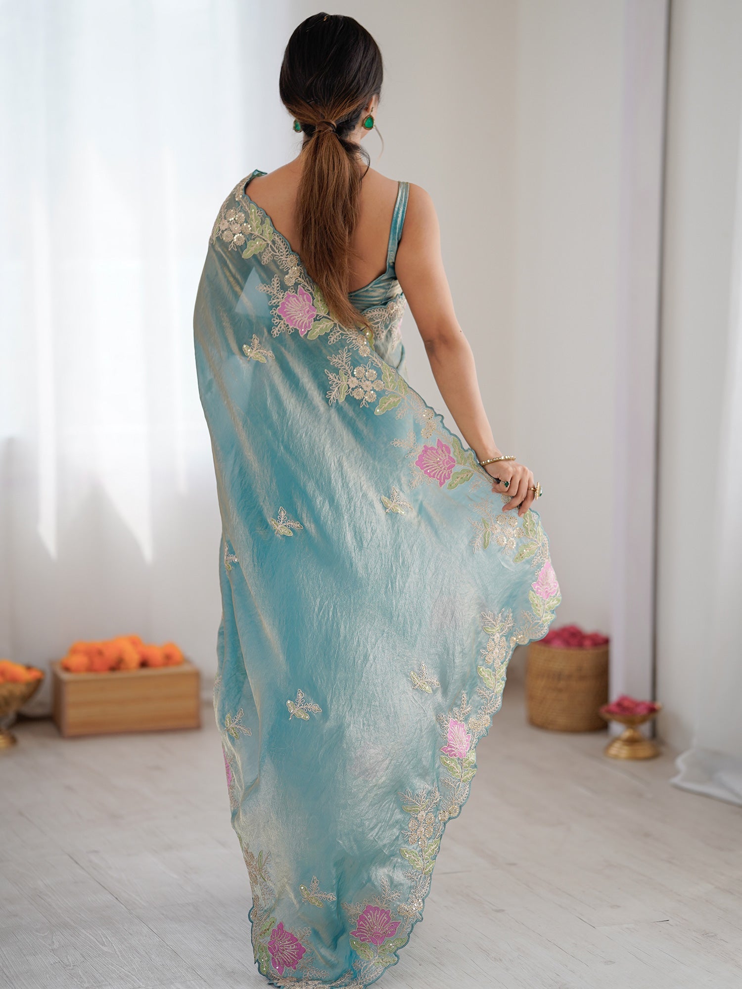 Sea Green Organza Saree with Pink Floral Cutwork Scallop Border - Ressa