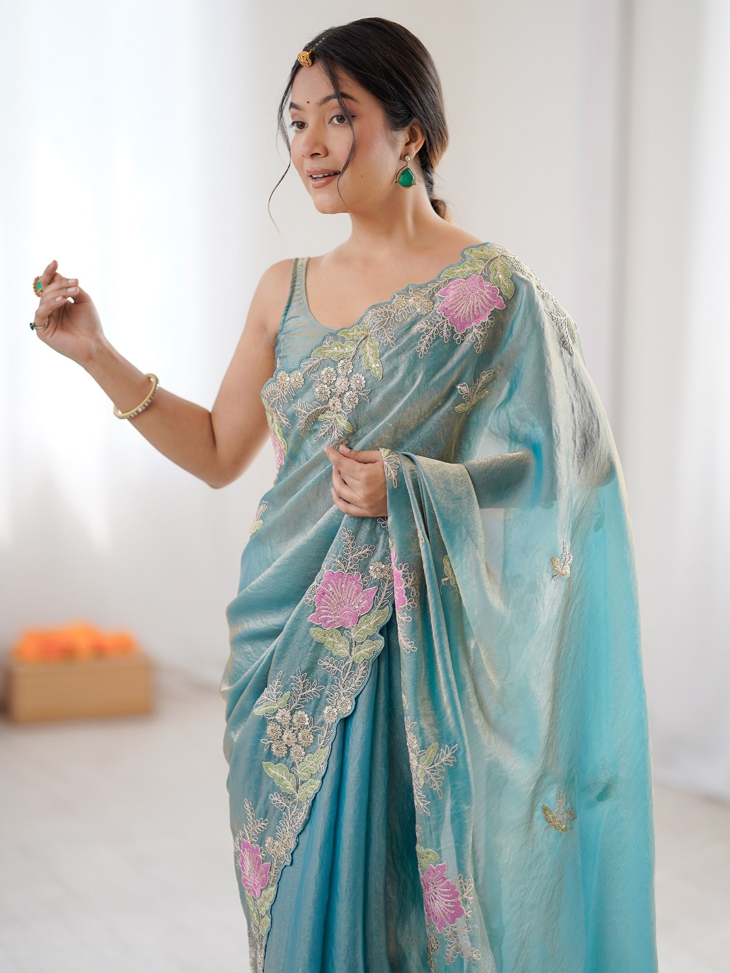 Sea Green Organza Saree with Pink Floral Cutwork Scallop Border - Ressa