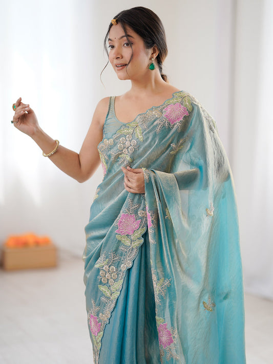 Sea Green Organza Saree with Pink Floral Cutwork Scallop Border - Ressa