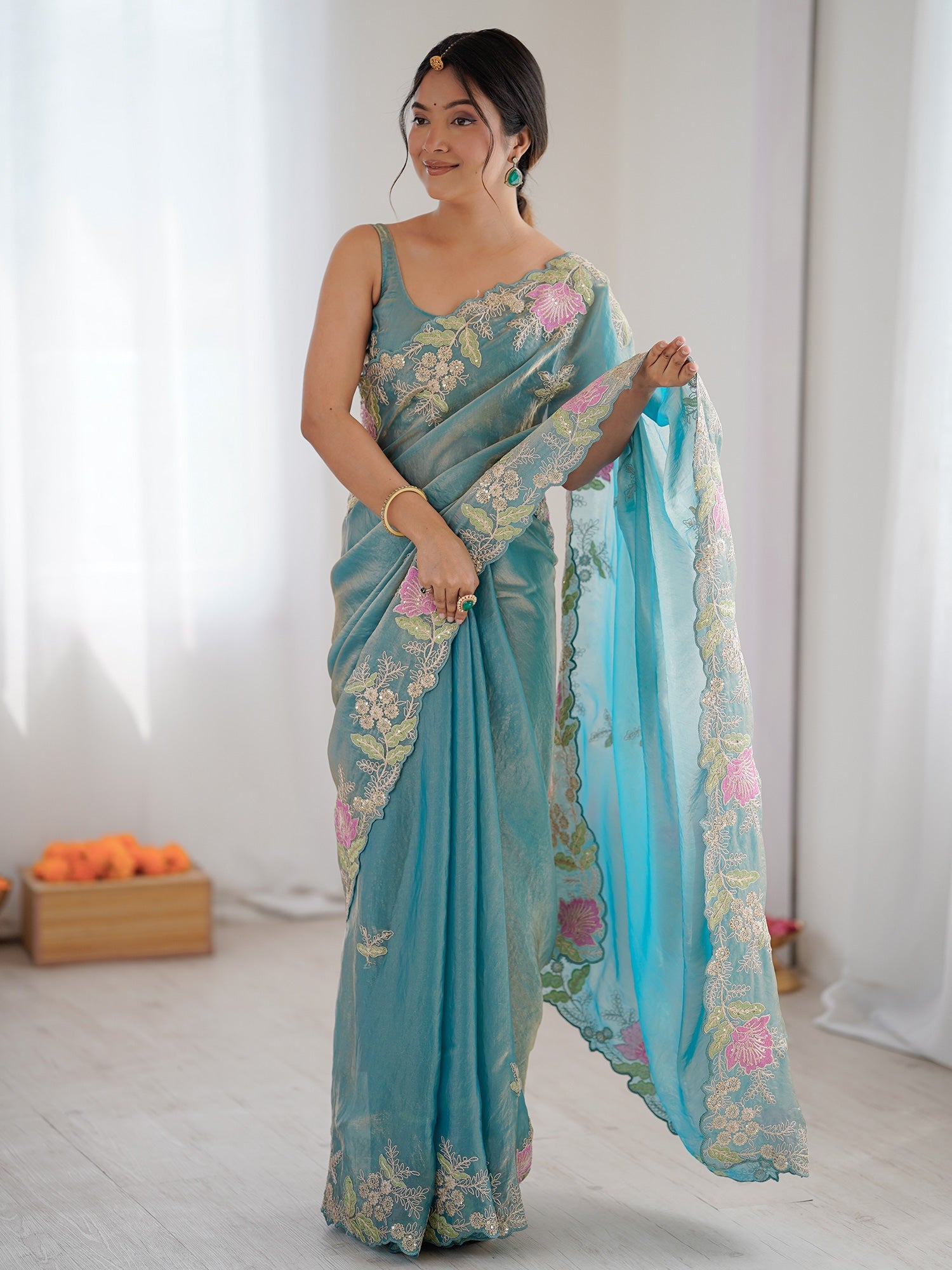 Sea Green Organza Saree with Pink Floral Cutwork Scallop Border - Ressa