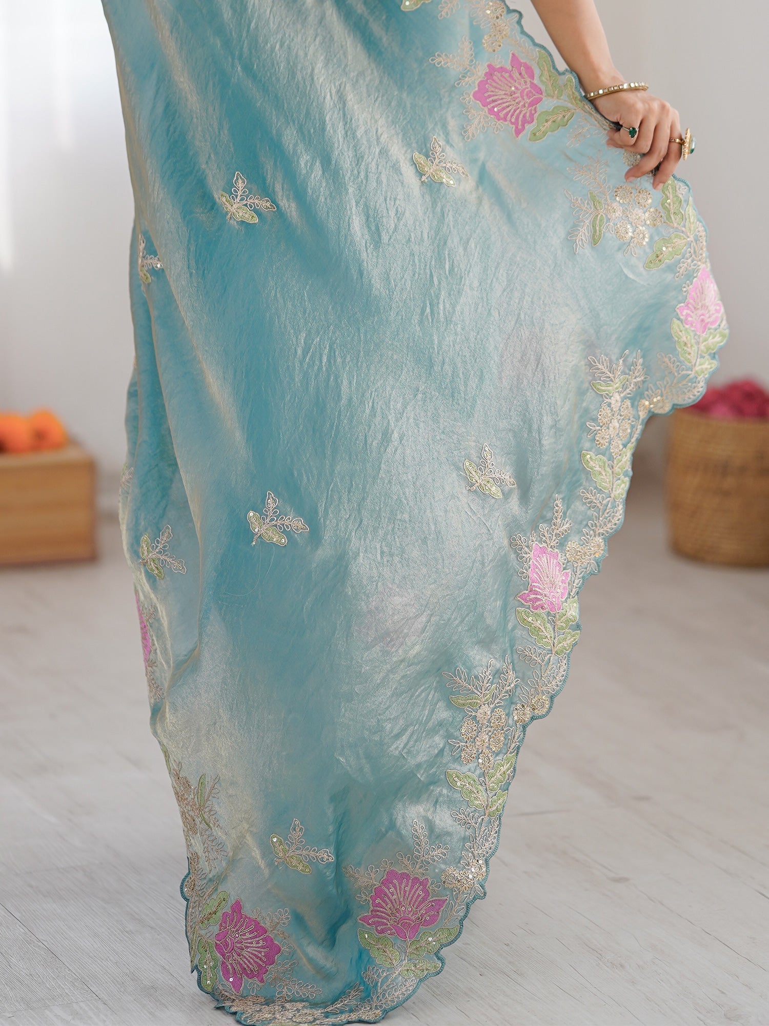 Sea Green Organza Saree with Pink Floral Cutwork Scallop Border - Ressa