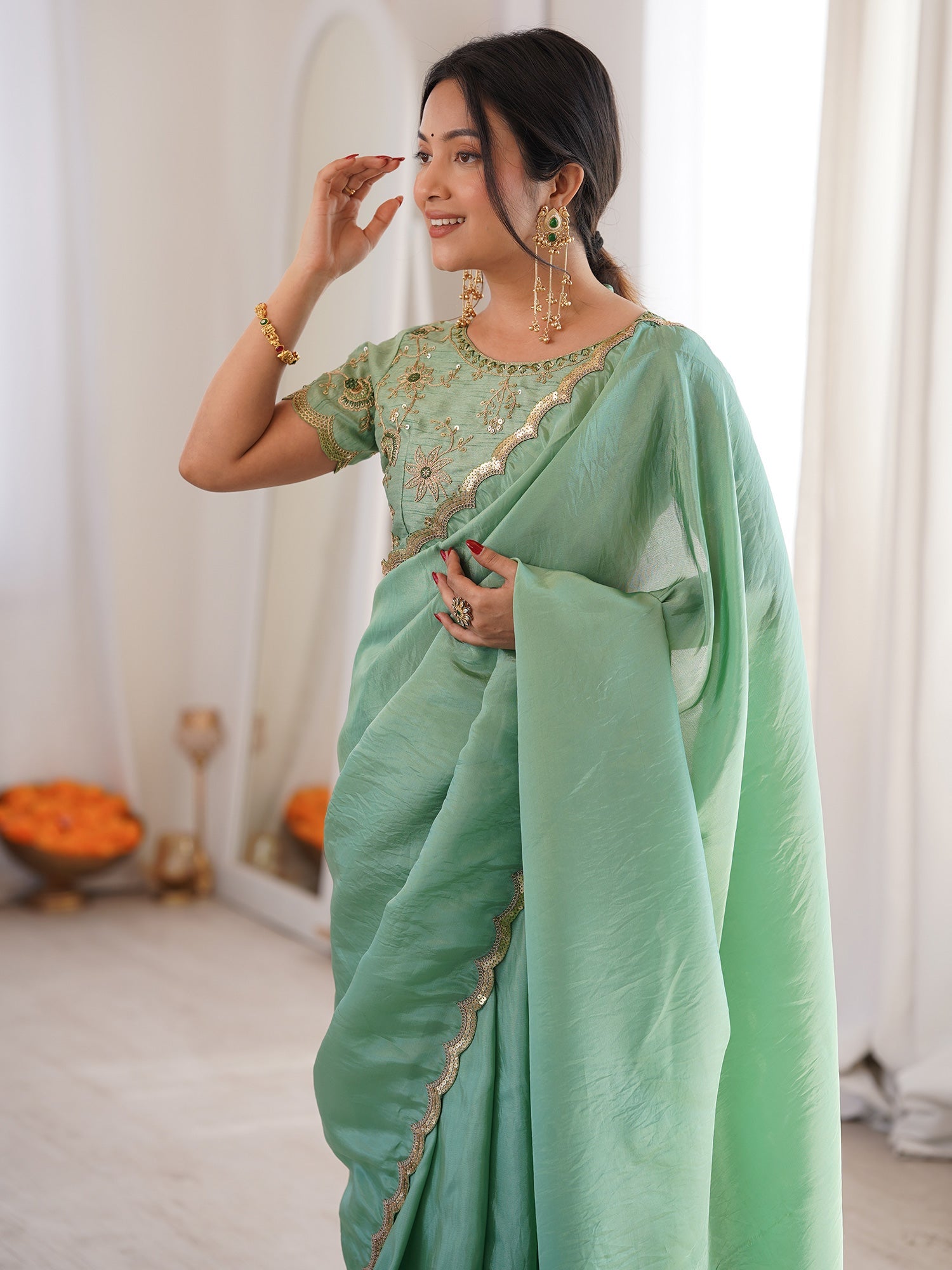 Sea Green Organza Silk Blend Saree - Ressa