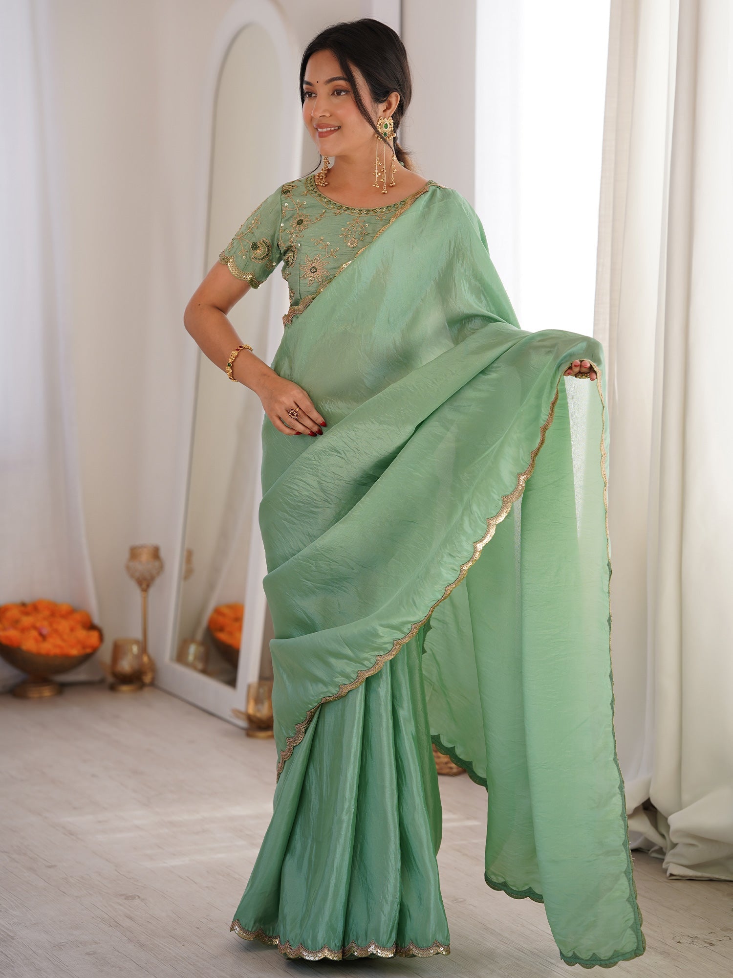 Sea Green Organza Silk Blend Saree - Ressa