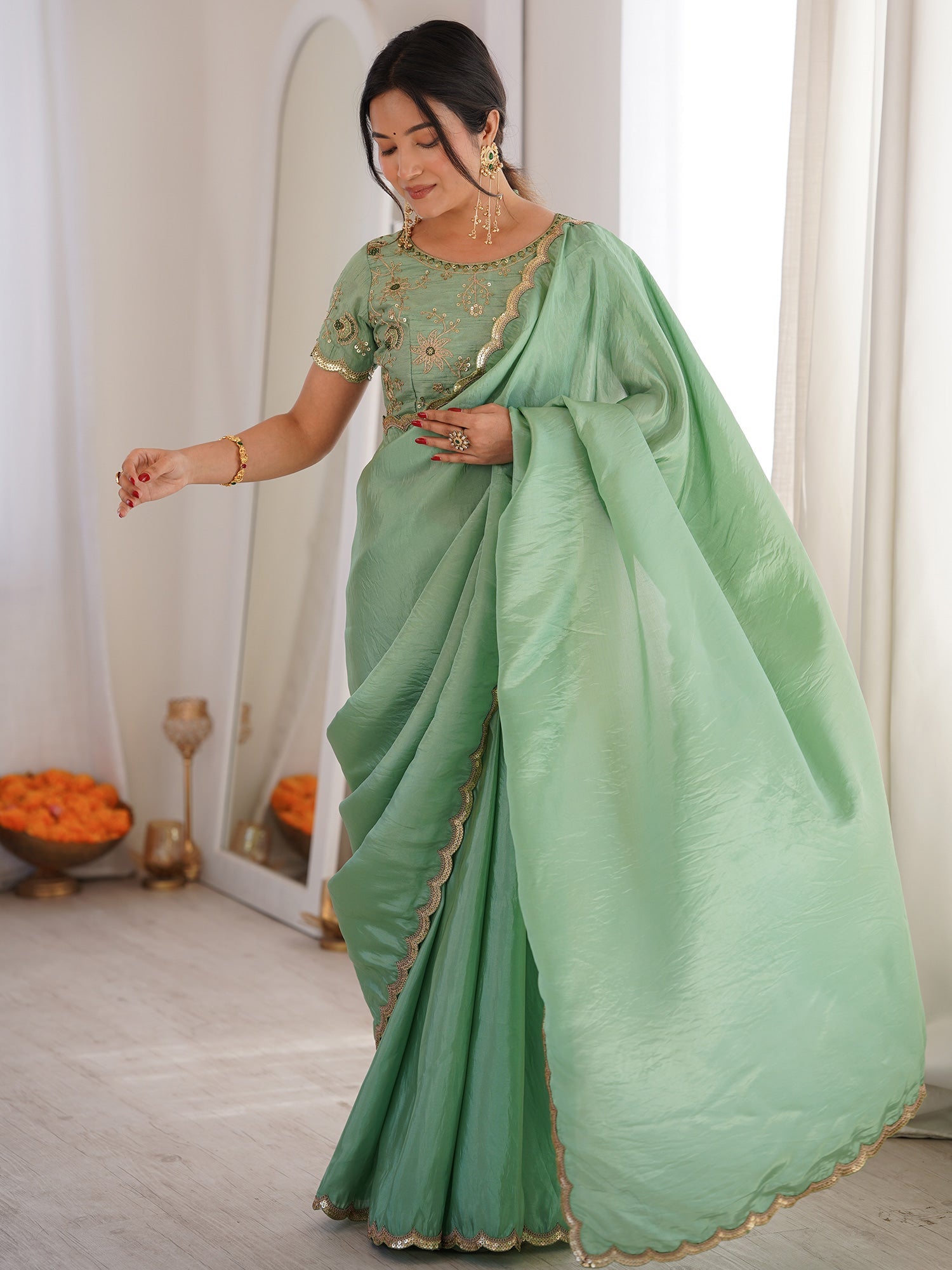 Sea Green Organza Silk Blend Saree - Ressa