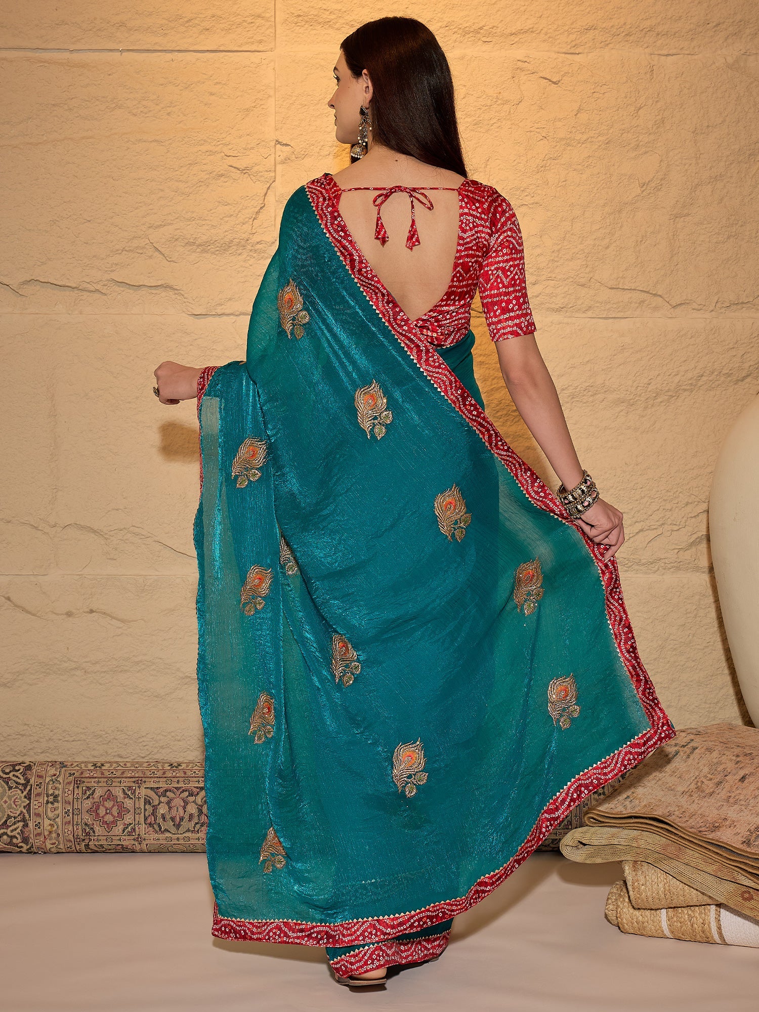 Sea Green & Red Banarasi Saree - Ressa