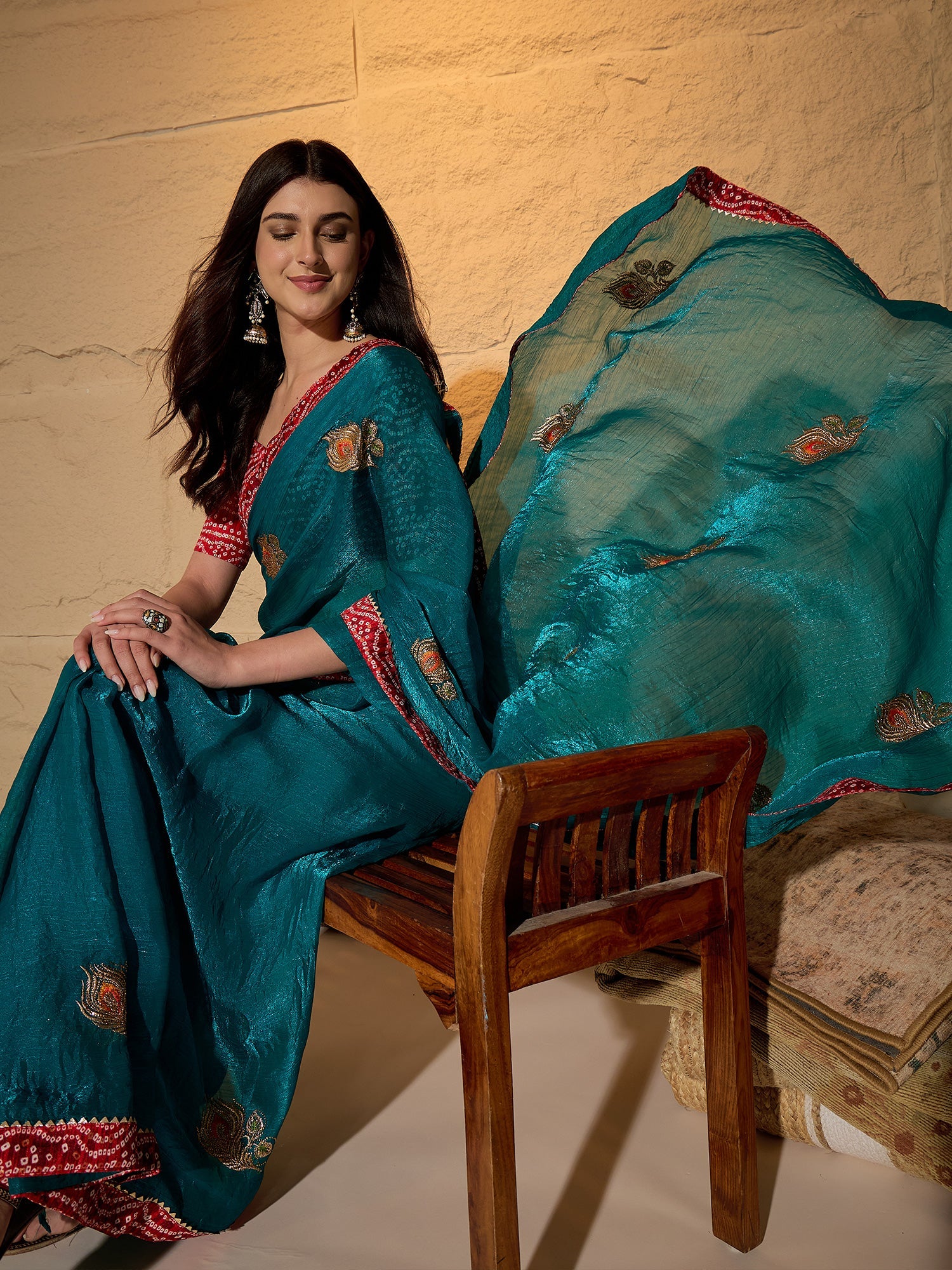 Sea Green & Red Banarasi Saree - Ressa