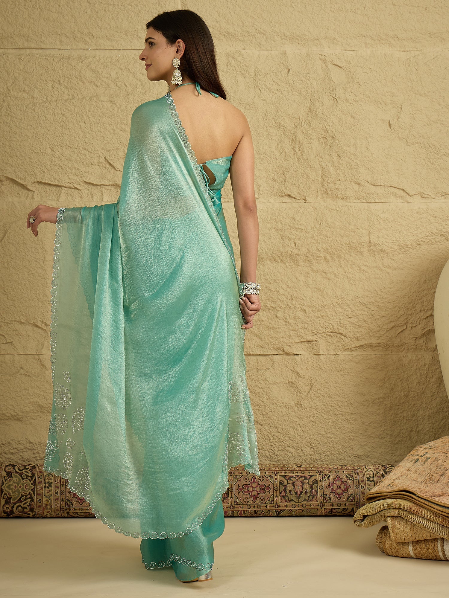 Sea Green Shimmer tissue Saree with Embroidered Border - Ressa