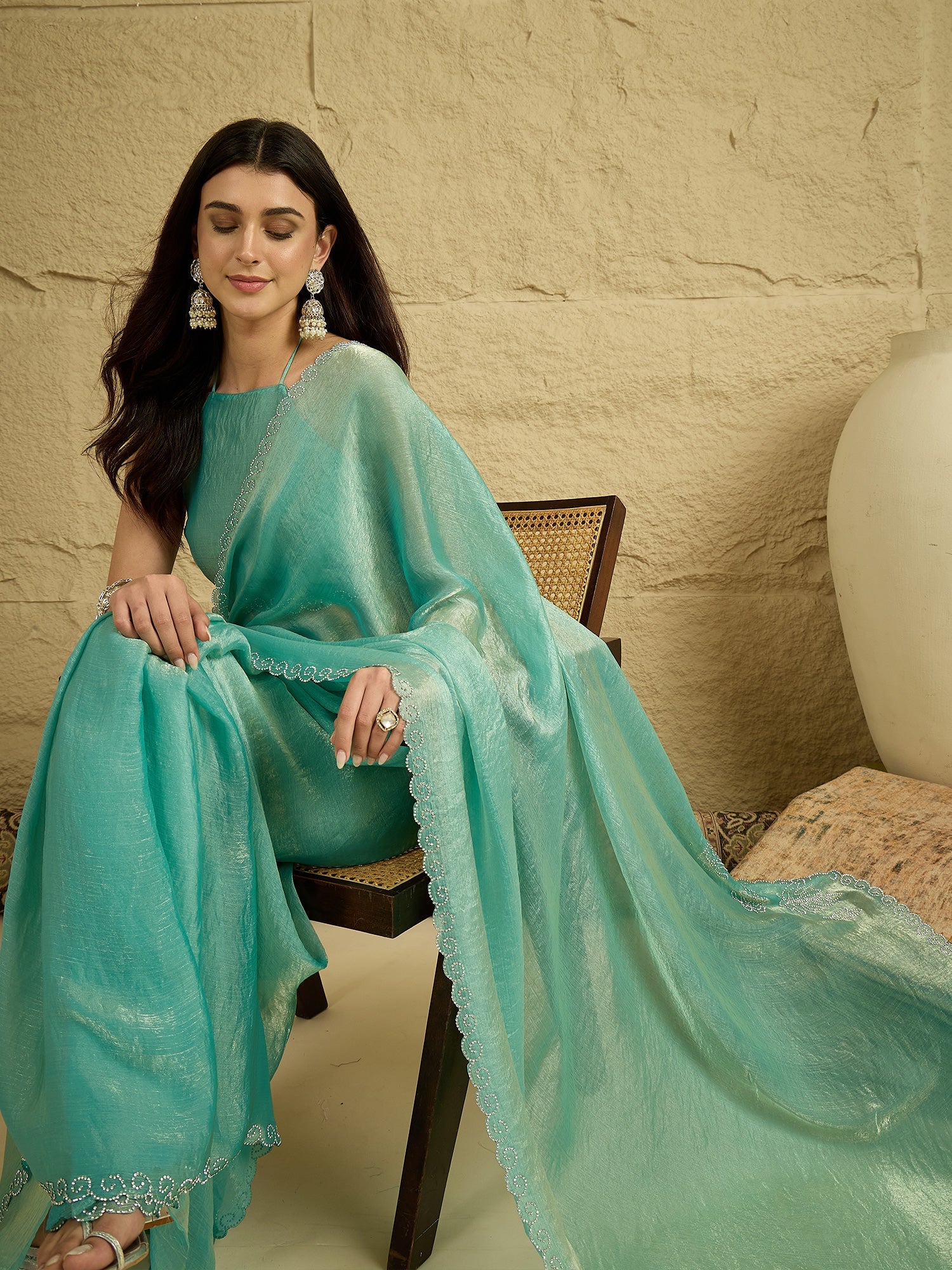 Sea Green Shimmer tissue Saree with Embroidered Border - Ressa